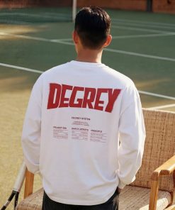 Áo Thun tay dài màu WHITE logo Degrey màu ĐỎ kiểu dáng rộng Athlete