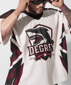 Áo thun thể thao màu kem Degrey Jersey SHARK 84 cổ tim